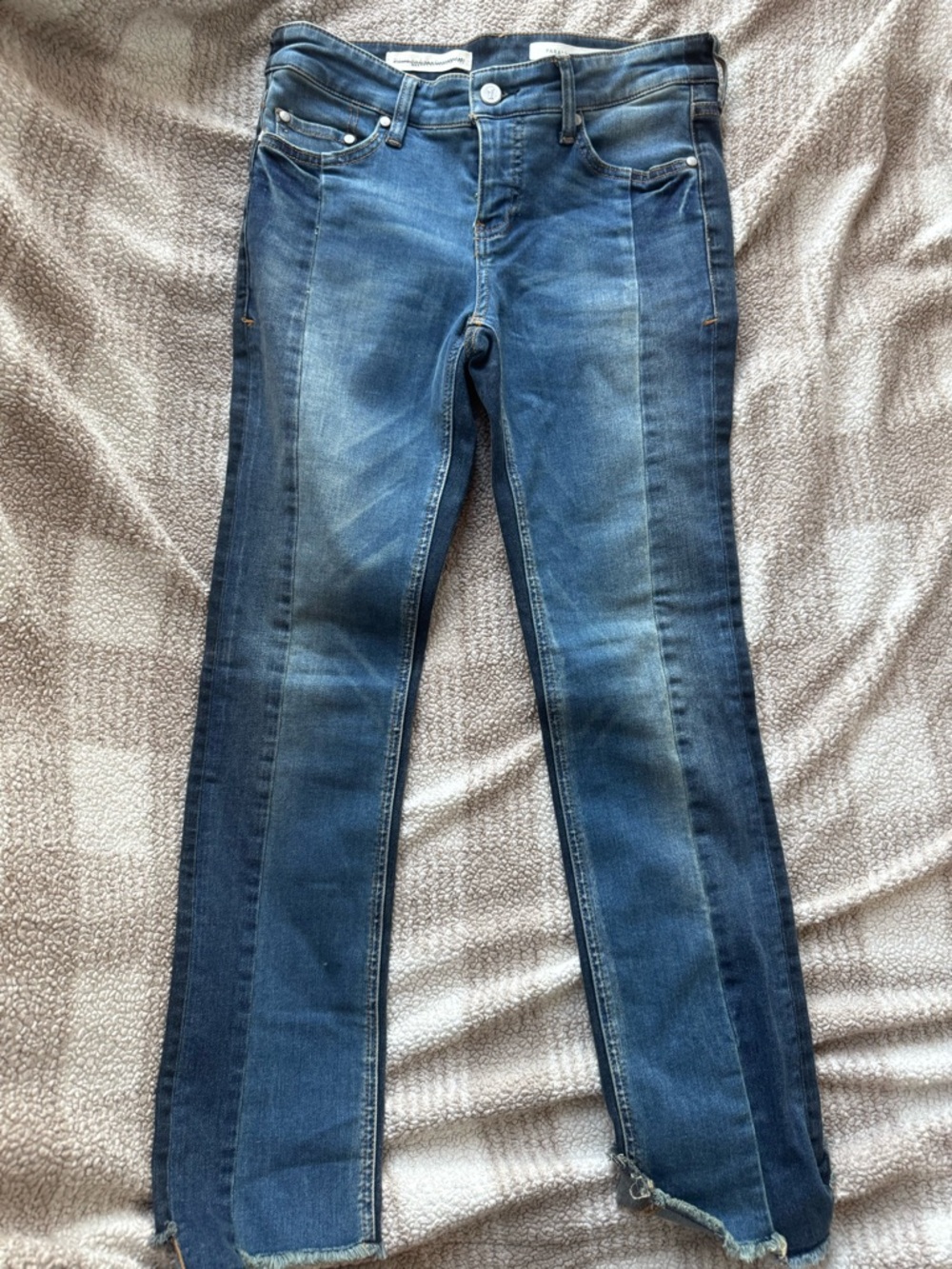 Pilcro Straight-Leg Patchwork Jeans in Dark Blue Fade